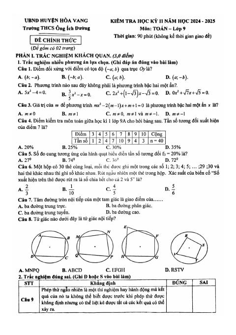 Đề thi Học kì 2 Toán 9 năm 2024-2025 trường THCS Ông Ích Đường (Đà Nẵng)